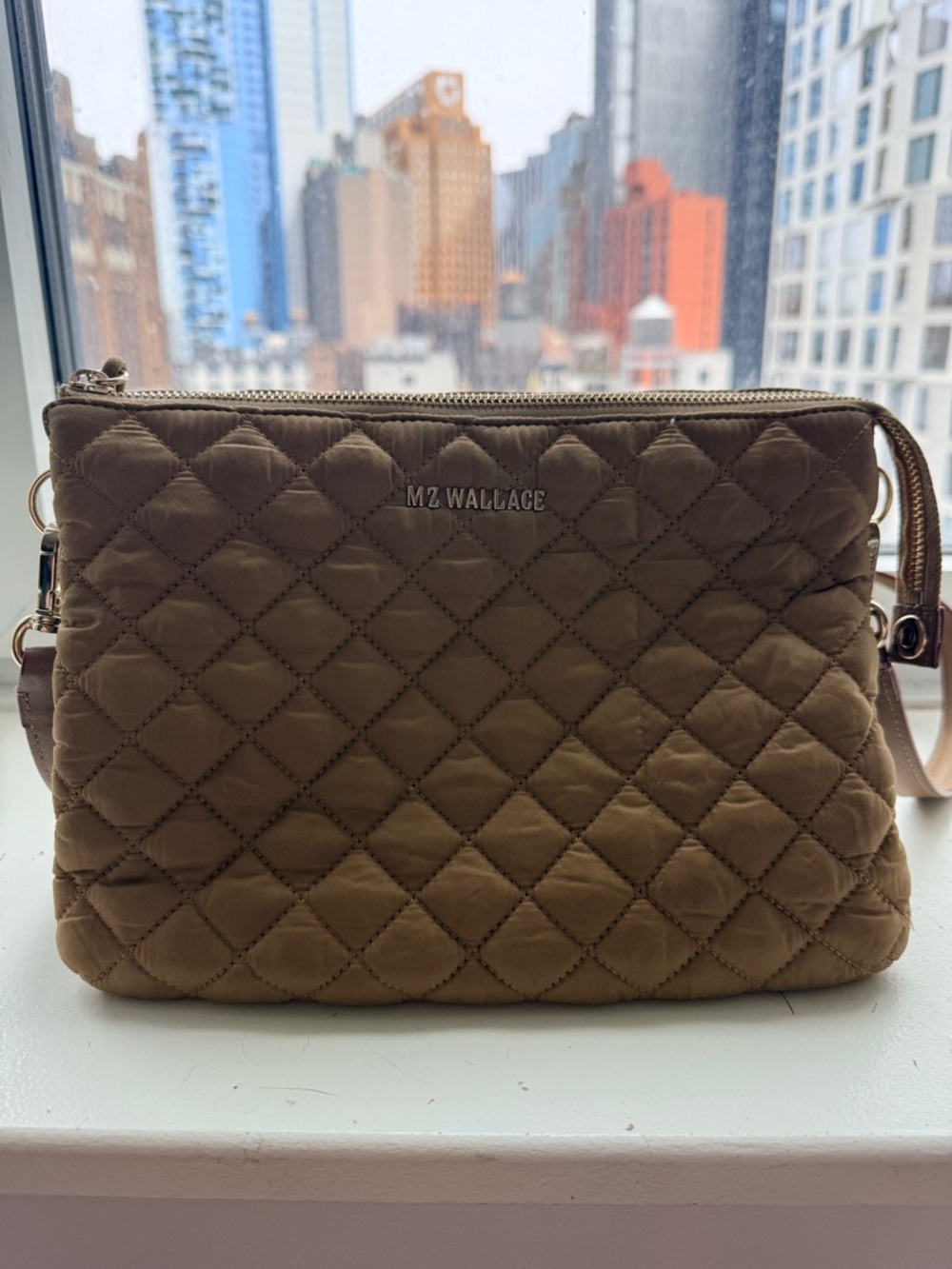 MZ Wallace Quilted Crossbody Bag Brown Nylon Multi Pocket Shoulder